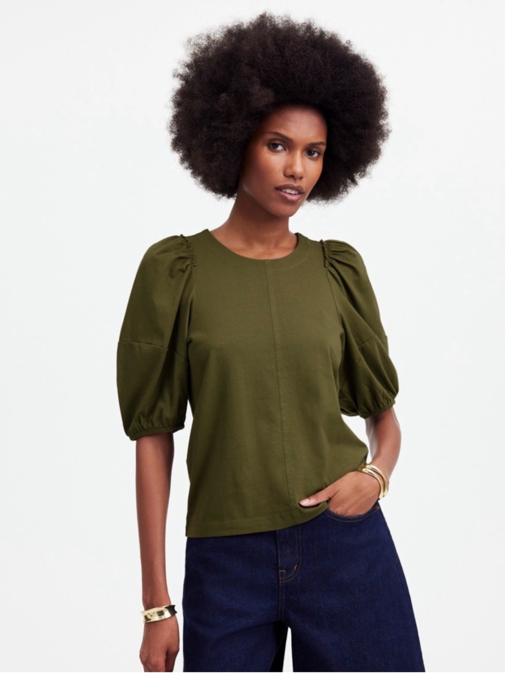 Madewell Top Puff Sleeve Dark Surplus Green